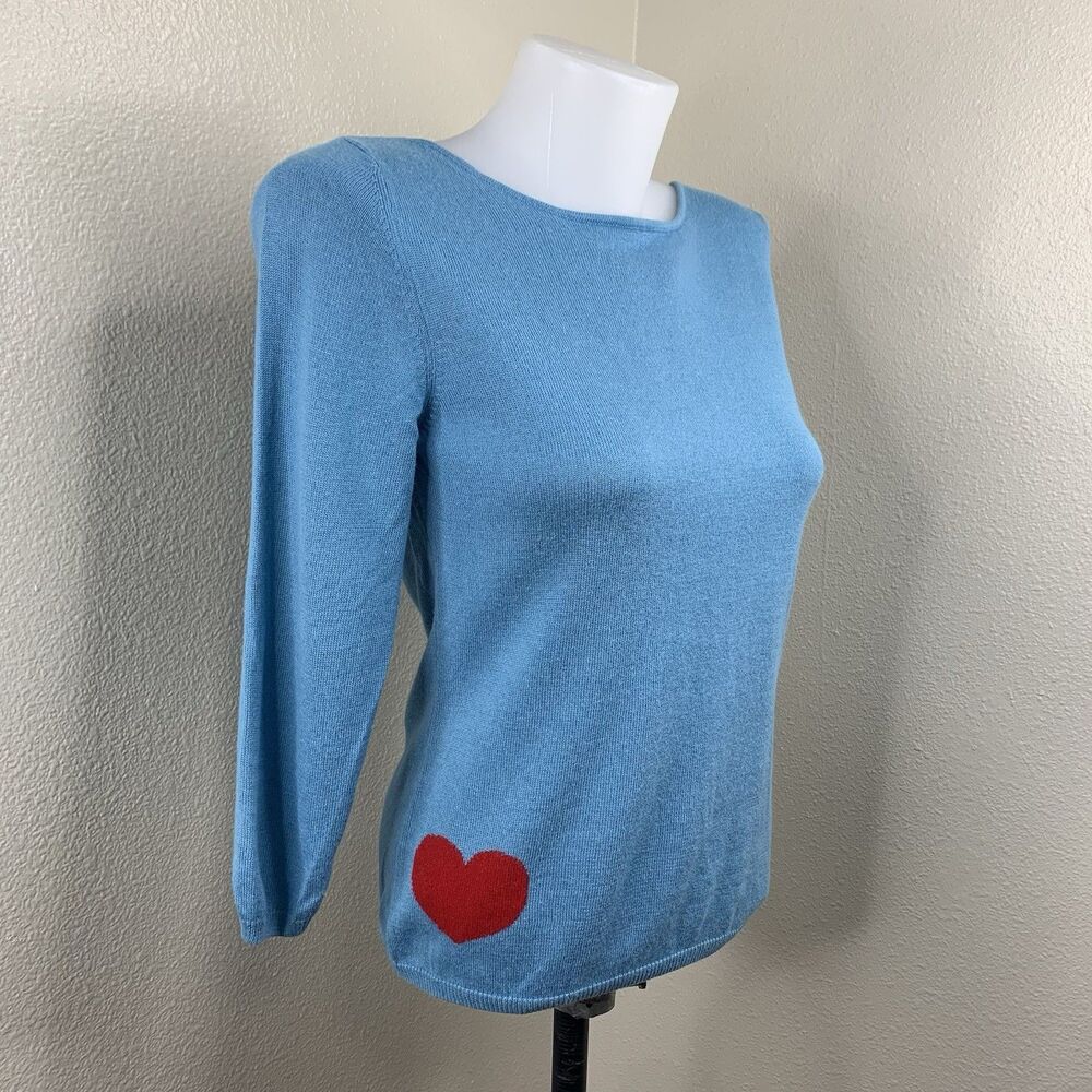 Vertical Design Silk Cashmere Angora Rabbit Blue Heart On Sleeve Sweater M NWOT